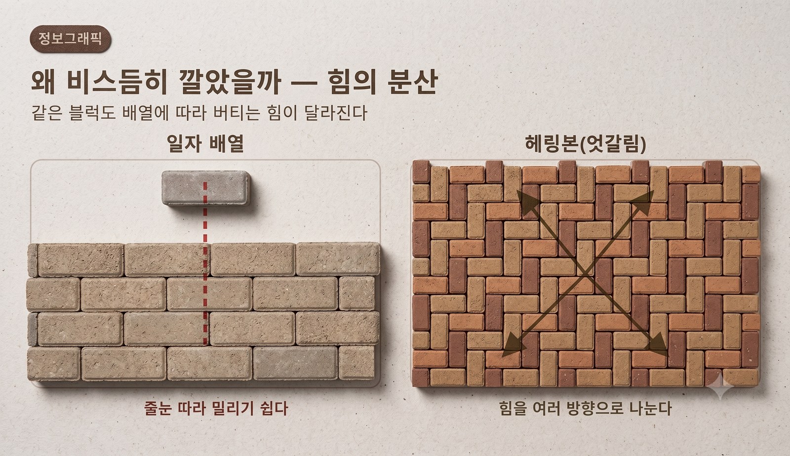 일자 배열은 줄눈을 따라 밀리기 쉽고, 헤링본은 힘을 여러 방향으로 나눈다