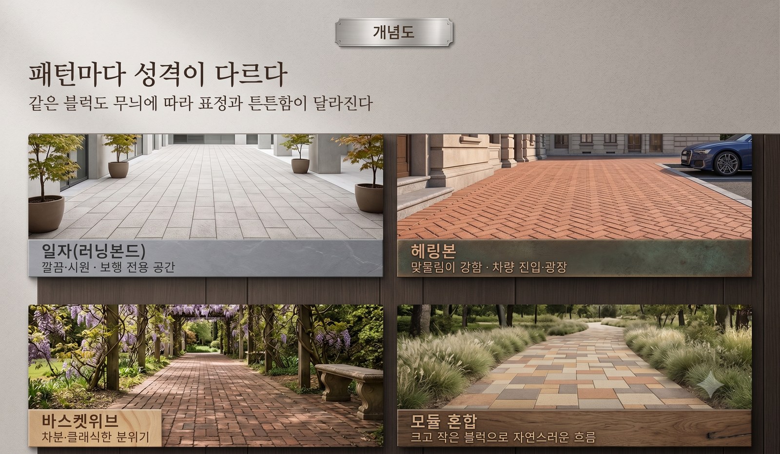 보도블럭 패턴 네 가지 — 일자·헤링본·바스켓위브·모듈 혼합