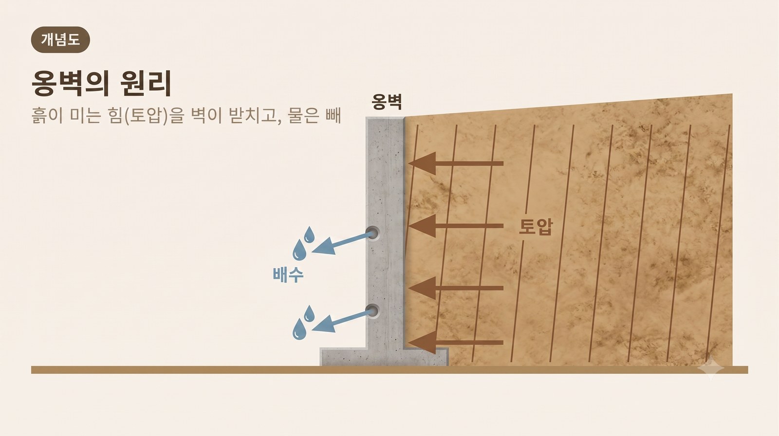 옹벽의 원리 — 흙이 미는 힘(토압)을 벽이 받치고, 물은 빼 준다