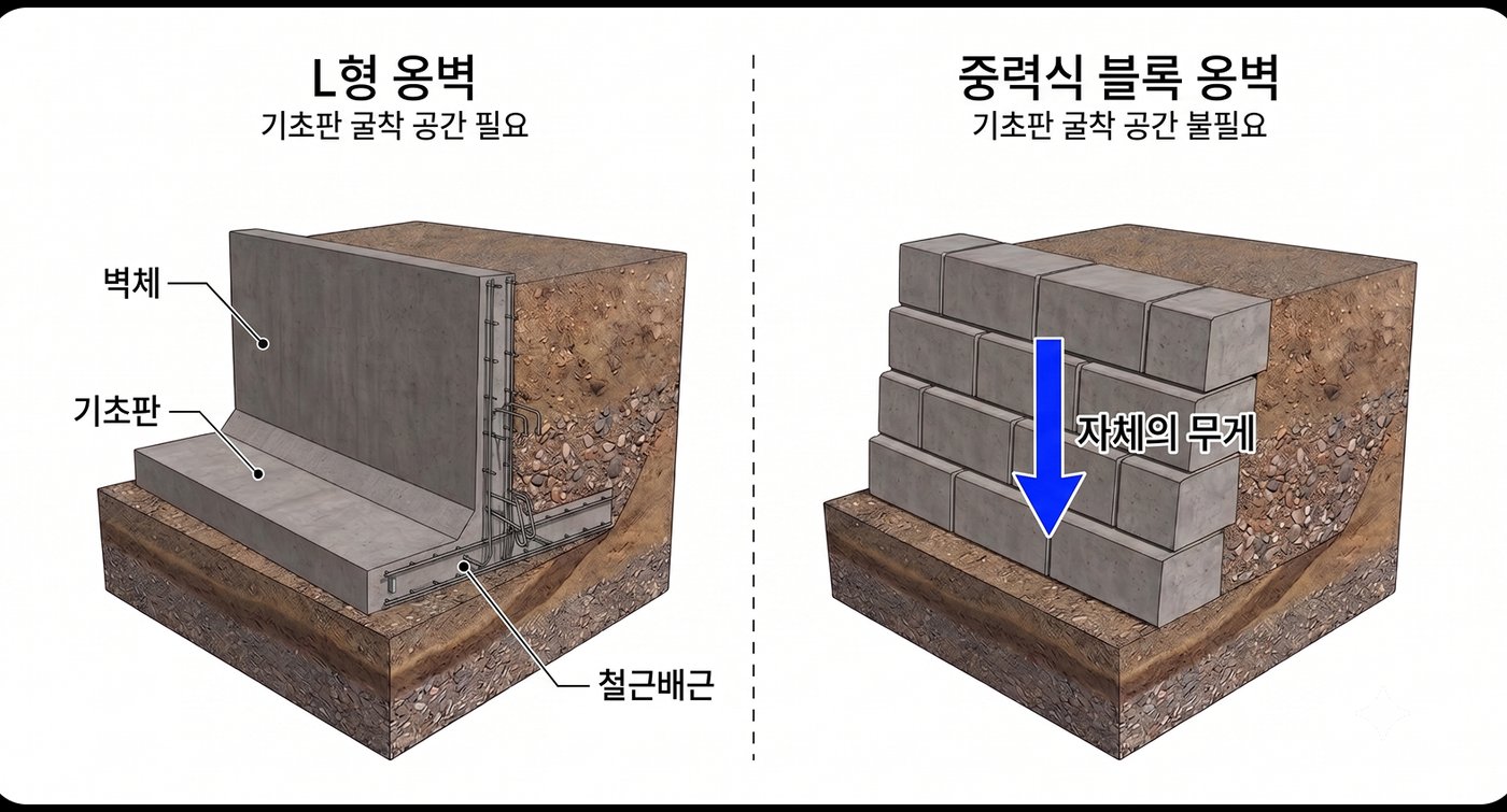 L형 옹벽과 중력식 블록 옹벽의 기초 구조 비교 개념도