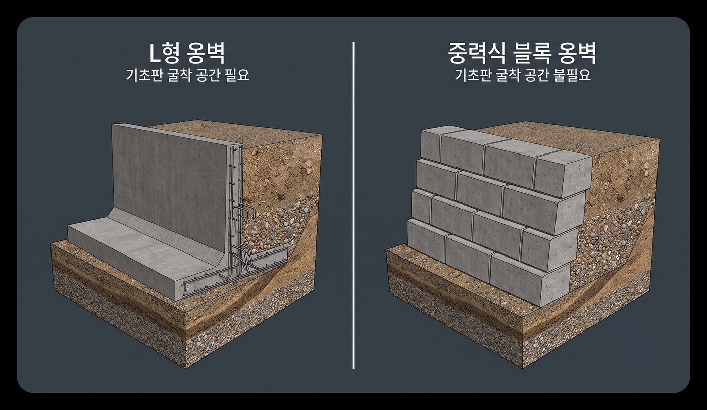 L형 옹벽과 중력식 블록 옹벽의 기초 구조 차이를 나타낸 비교 개념도