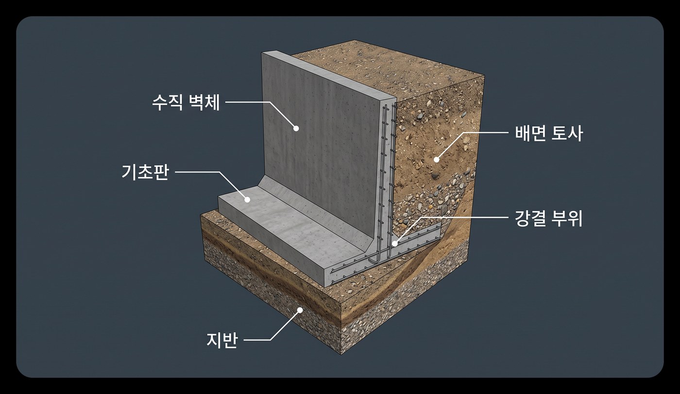 수직 벽체·기초판·배면 토사가 표시된 L형(역T형) 옹벽 단면 구조 개념도