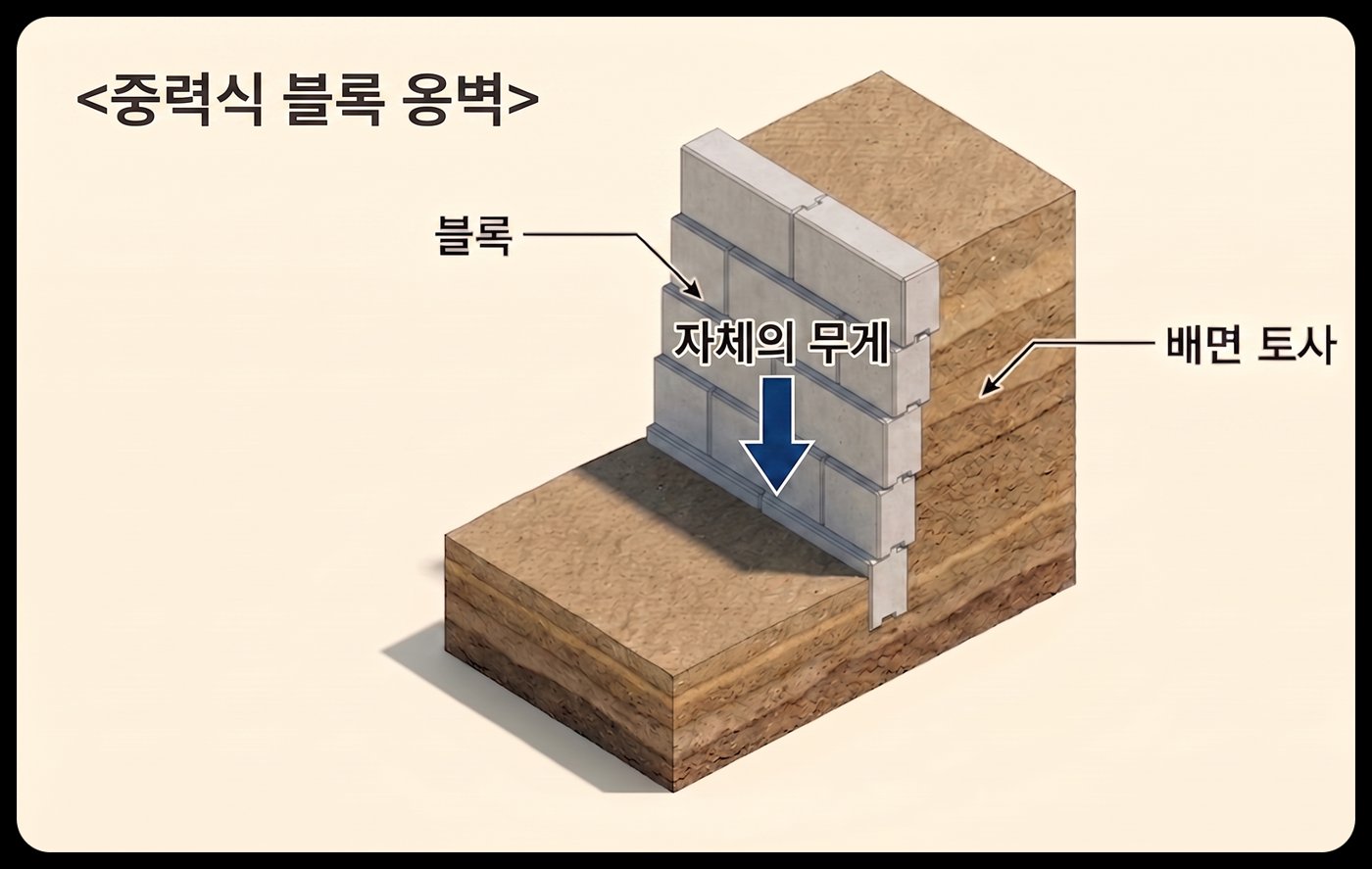 기초판 없이 블록 자중으로 토압에 저항하는 중력식 블록 옹벽 단면 개념도