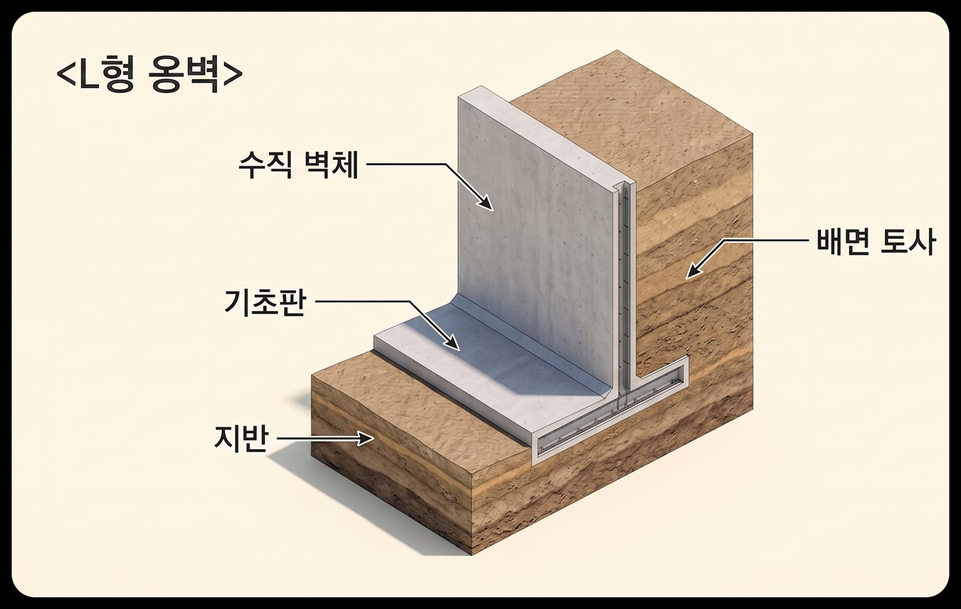 L형 옹벽의 수직 벽체와 기초판이 결합된 캔틸레버 구조 단면 개념도