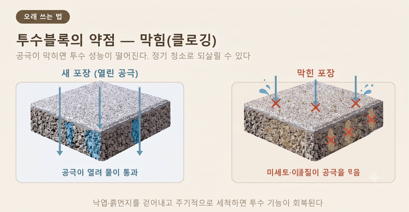 새 포장은 공극이 열려 물이 통과하고, 막힌 포장은 미세토가 공극을 메운다