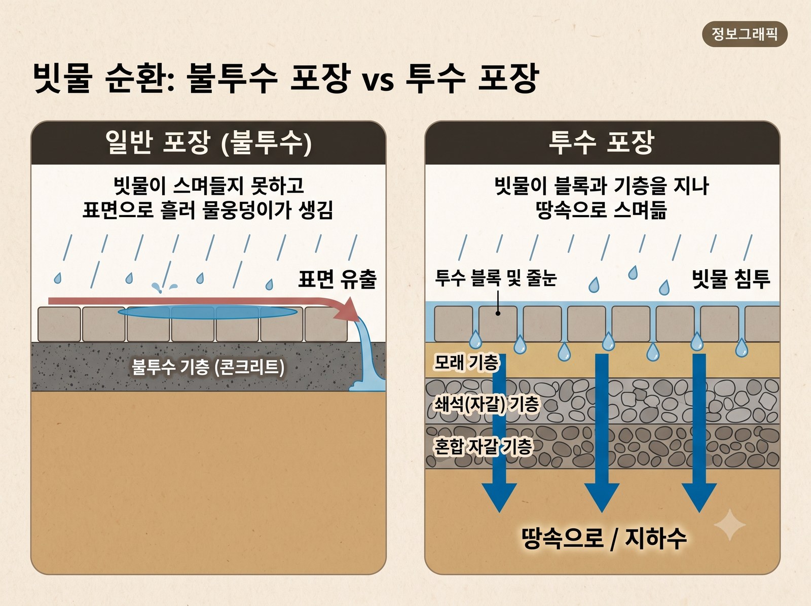 일반 포장은 빗물이 표면으로 흐르고, 투수 포장은 블록·틈·자갈층을 지나 땅으로 스민다