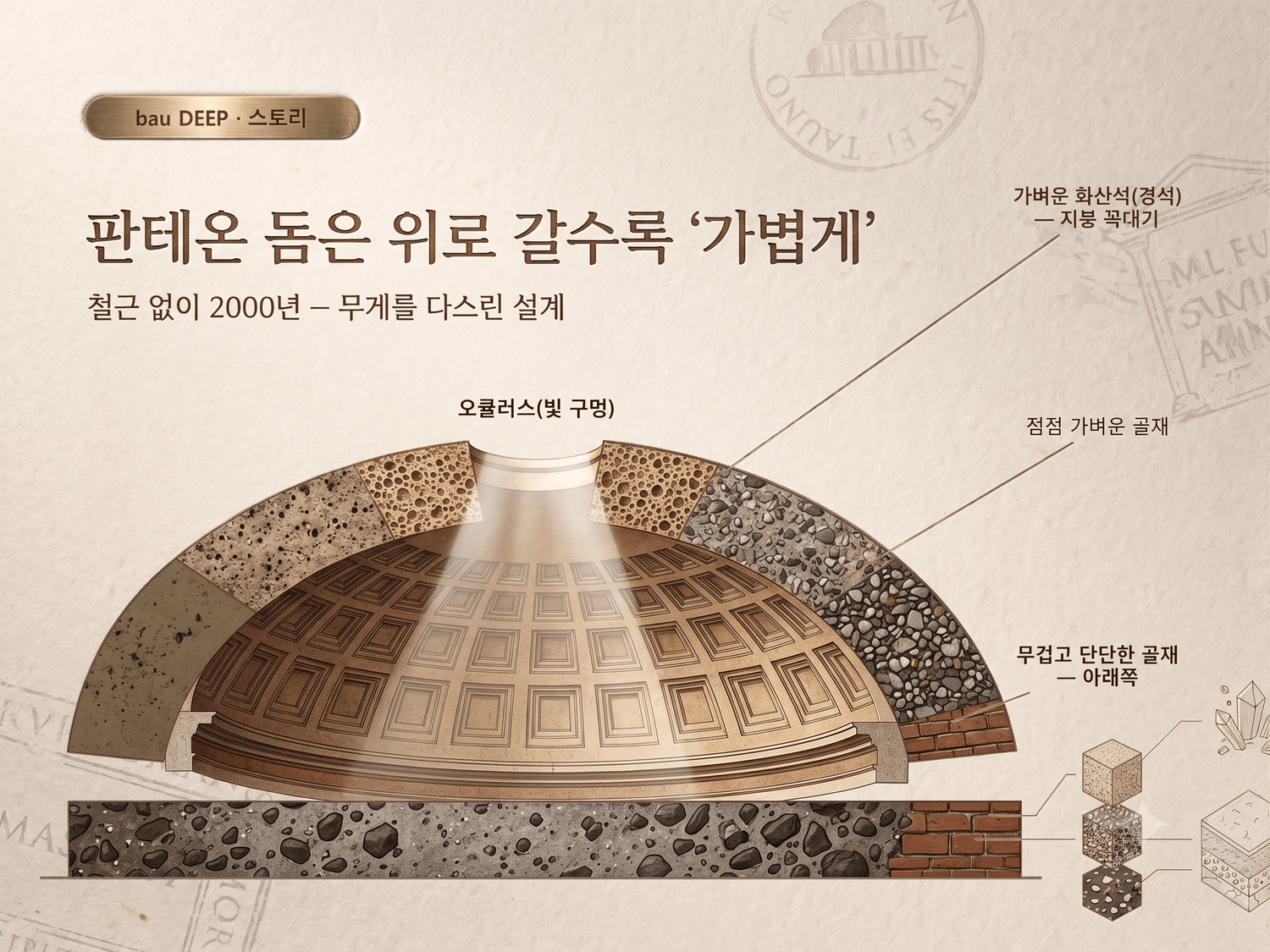 판테온 돔은 위로 갈수록 가벼운 재료를 썼다 — 무게를 다스린 구조(개념도)