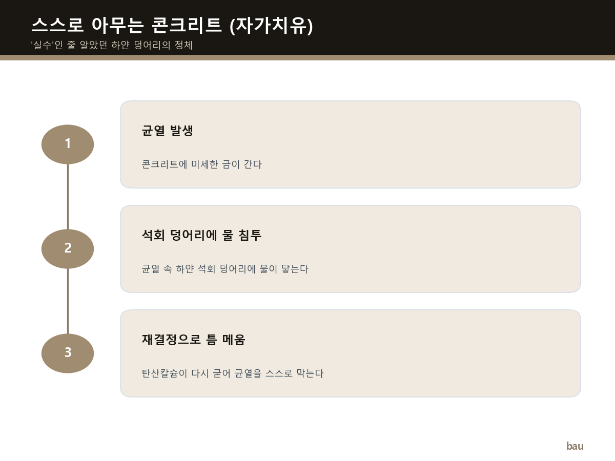 스스로 아무는 콘크리트 — 균열 발생·물 침투·재결정으로 틈 메움 3단계